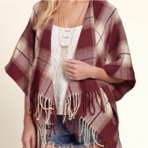Hollister Plaid Blanket Shawl/Poncho/Wrap with Fringe